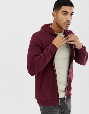 ASOS DESIGN zip up hoodie in burgundy