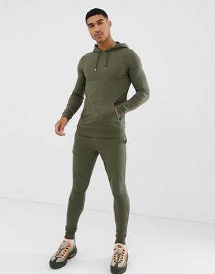 ASOS DESIGN tracksuit extreme super skinny jogger / muscle hoodie in khaki