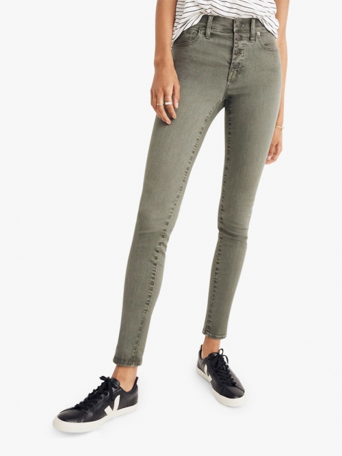 Madewell 9" High-Rise Garment Dye Button Front Skinny Jeans, Highland Green