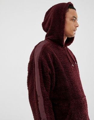 ASOS DESIGN oversized hoodie in burgundy borg with side stripe