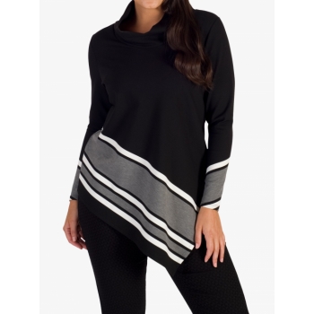 Chesca Stripe Border Cowl Neck Top, Black/Grey