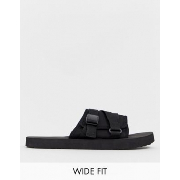 ASOS DESIGN Wide Fit tech sliders in black with tape straps