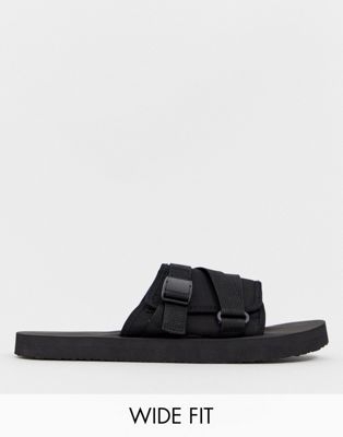 ASOS DESIGN Wide Fit tech sliders in black with tape straps