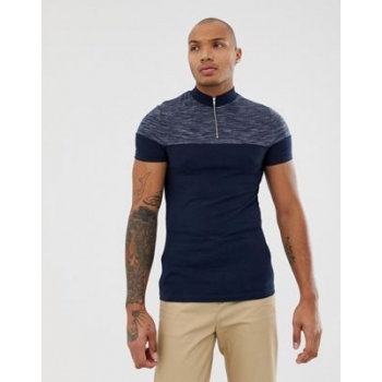 ASOS DESIGN muscle fit t-shirt with turtle zip neck and contrast yoke in navy