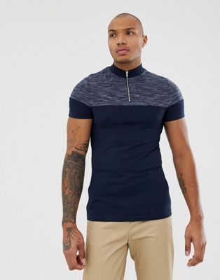 ASOS DESIGN muscle fit t-shirt with turtle zip neck and contrast yoke in navy