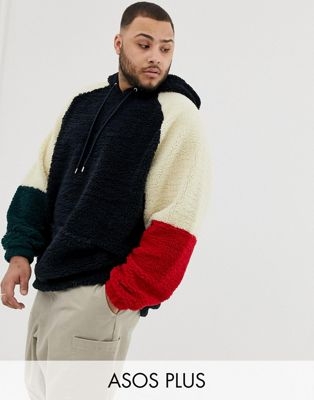 ASOS DESIGN Plus oversized hoodie in borg with colour blocking in navy