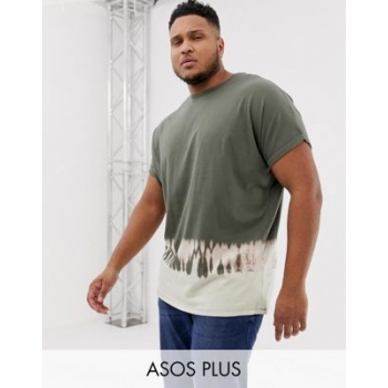 ASOS DESIGN Plus organic oversized longline t-shirt with roll sleeve in bleach wash in khaki