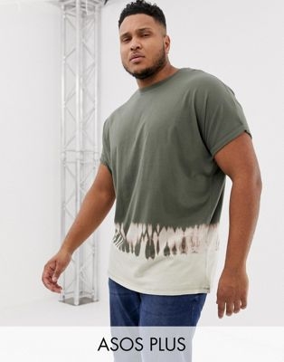 ASOS DESIGN Plus organic oversized longline t-shirt with roll sleeve in bleach wash in khaki