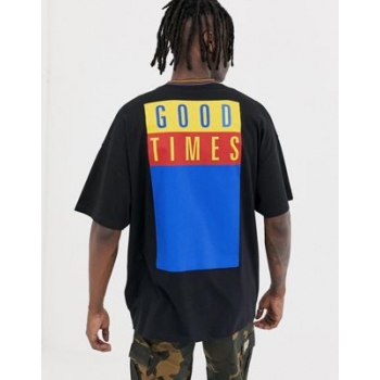 ASOS DESIGN oversized longline t-shirt with good times back print and striped ringer