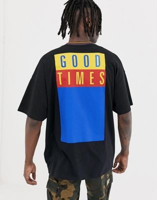 ASOS DESIGN oversized longline t-shirt with good times back print and striped ringer