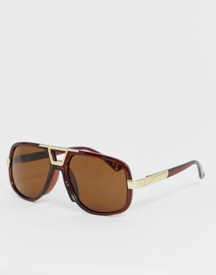 ASOS DESIGN aviator sunglasses in crystal brown with gold details