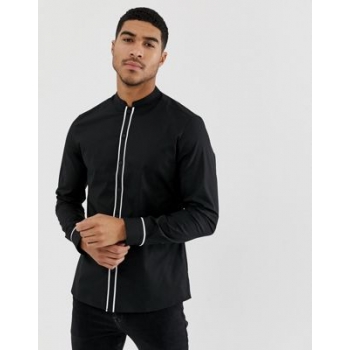 ASOS DESIGN slim shirt with mandarin collar with contrast piping