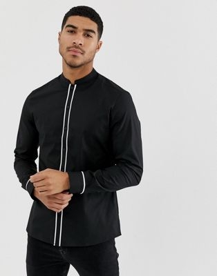 ASOS DESIGN slim shirt with mandarin collar with contrast piping