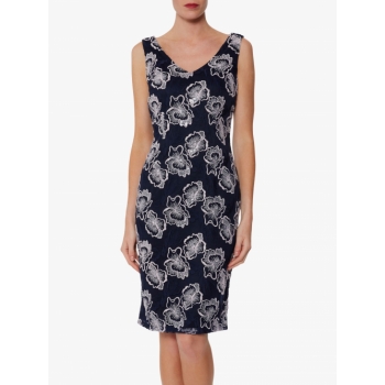 Gina Bacconi Amoria Embroidered Lace Shift Dress, Spring Navy