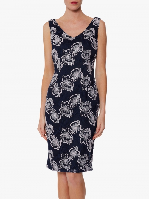 Gina Bacconi Amoria Embroidered Lace Shift Dress, Spring Navy