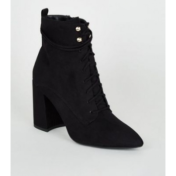 Black Pointed Block Heel Lace Up Boots