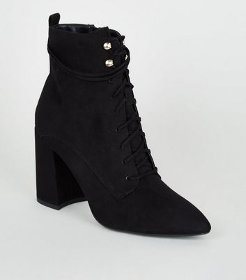 Black Pointed Block Heel Lace Up Boots