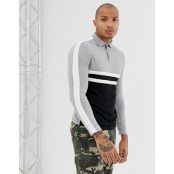 ASOS DESIGN organic long sleeve polo shirt with body and sleeve colour block in black