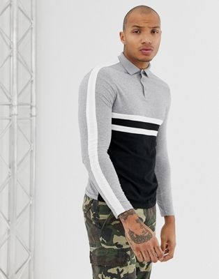 ASOS DESIGN organic long sleeve polo shirt with body and sleeve colour block in black