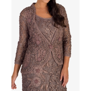 Chesca Lace Cornelli Embroidered Trim Jacket, Cappuccino