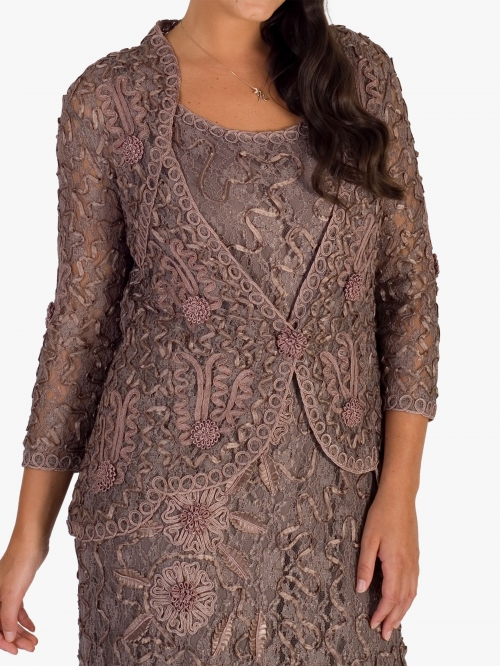 Chesca Lace Cornelli Embroidered Trim Jacket, Cappuccino