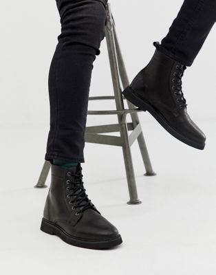 ASOS DESIGN lace up boots in black leather with chunky sole