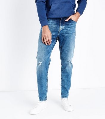 Bright Blue Distressed Tapered Jeans