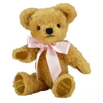 Merrythought Personalised London Curly Gold Teddy Bear With Gold Thread Soft Toy, Gold/Baby Pink