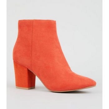 Orange Suedette Mid Block Heel Ankle Boots