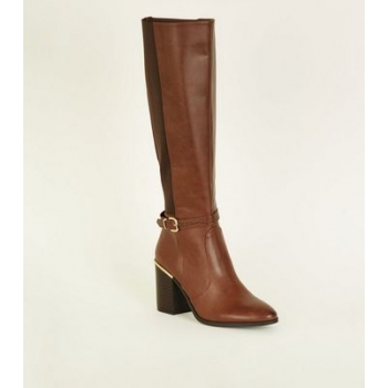 Tan Buckle Side Block Heel Knee High Boots