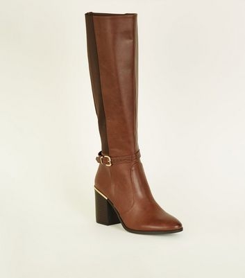 Tan Buckle Side Block Heel Knee High Boots