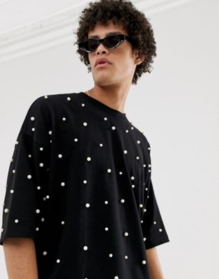 ASOS DESIGN oversized t-shirt with all-over pearls in heavyweight fabric in black