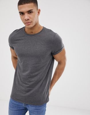 ASOS DESIGN t-shirt with crew neck with roll sleeve in charcoal marl