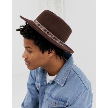 ASOS DESIGN wide brim pork pie hat in brown with aztec band