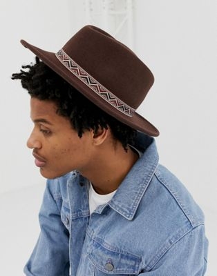 ASOS DESIGN wide brim pork pie hat in brown with aztec band