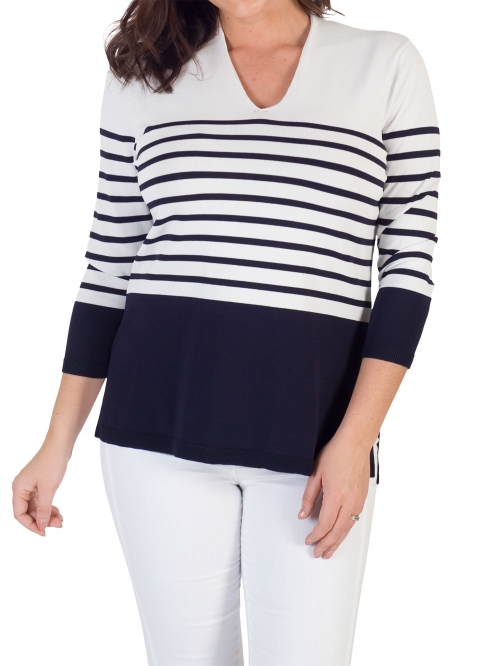 Chesca Stripe V-Neck Jumper, Ivory/Navy