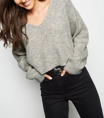 Pale Grey Ribbed Crop Jumper