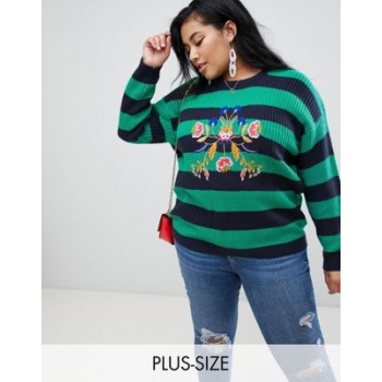 Brave Soul Plus bouquet stripe jumper with embroidery