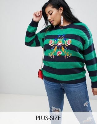 Brave Soul Plus bouquet stripe jumper with embroidery