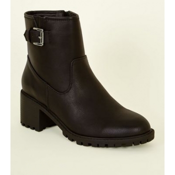 Black Buckle Strap Chunky Biker Boots