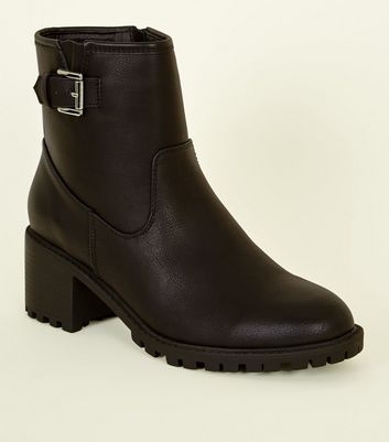 Black Buckle Strap Chunky Biker Boots