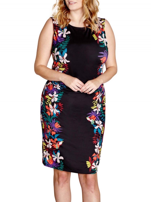 Yumi Curves Jungle Floral Bodycon Dress, Black