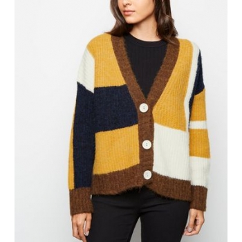 Mustard Patchwork Long Sleeve V Neck Cardigan