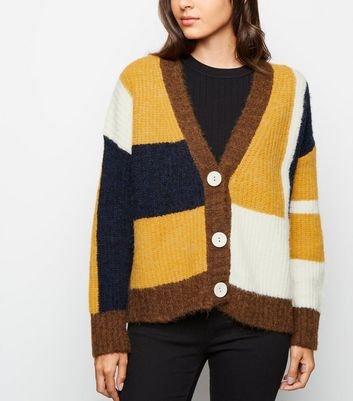 Mustard Patchwork Long Sleeve V Neck Cardigan