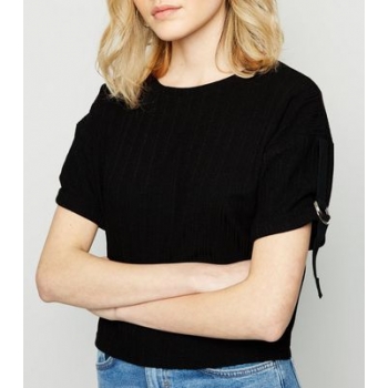 Black Fine Knit Buckle Sleeve Top