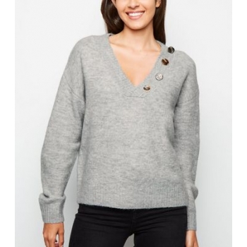 Grey Button V Neck Jumper