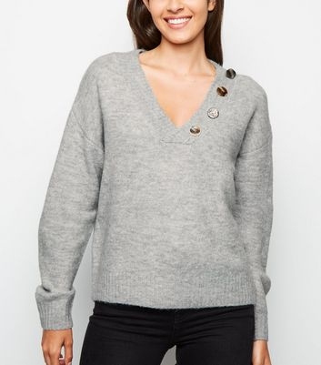 Grey Button V Neck Jumper