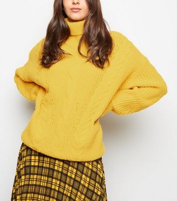 Yellow Roll Neck Cable Knit Jumper