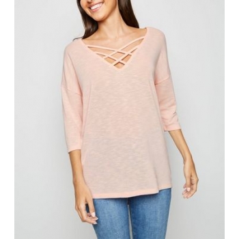 Pale Pink Fine Knit Lattice Front Top