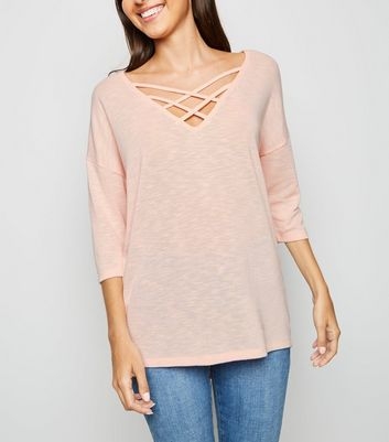 Pale Pink Fine Knit Lattice Front Top